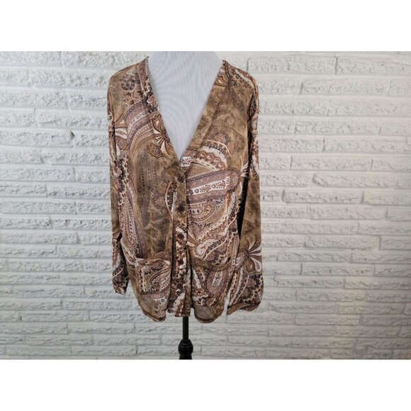 Susan Graver Womens Shirt 2X Overlay Sheer Button Up Brown Paisley PAI47E - Picture 1 of 7